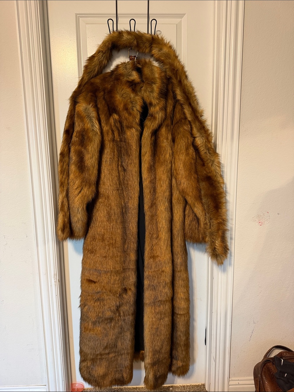 Women's Long Brown Faux-Fur Coat with Plush Collar
